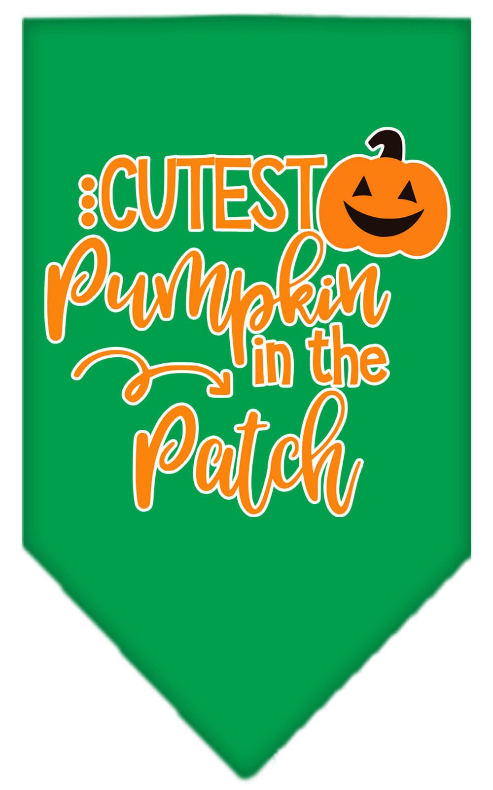 Halloween pet bandana featuring 'Cutest Pumpkin In The Patch' design, made of 100% cotton, available in small and large sizes.