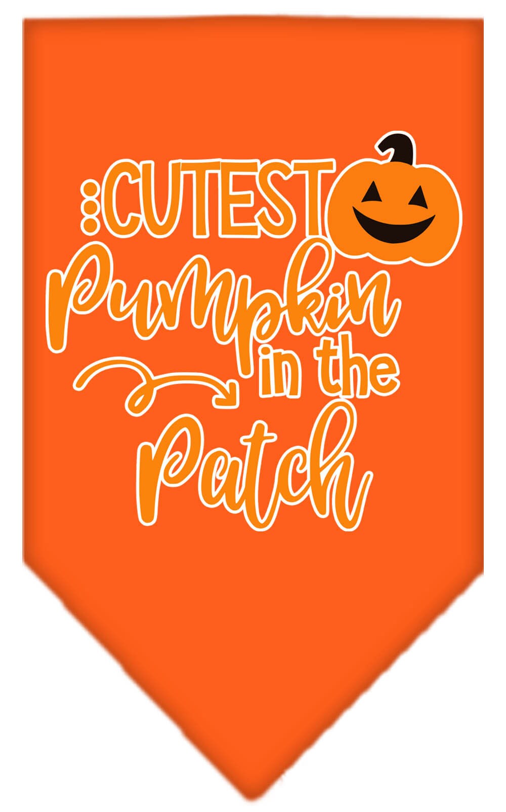 Halloween pet bandana featuring 'Cutest Pumpkin In The Patch' design, made of 100% cotton, available in small and large sizes.