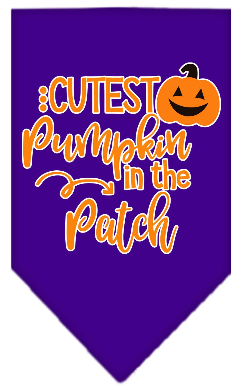 Halloween pet bandana featuring 'Cutest Pumpkin In The Patch' design, made of 100% cotton, available in small and large sizes.