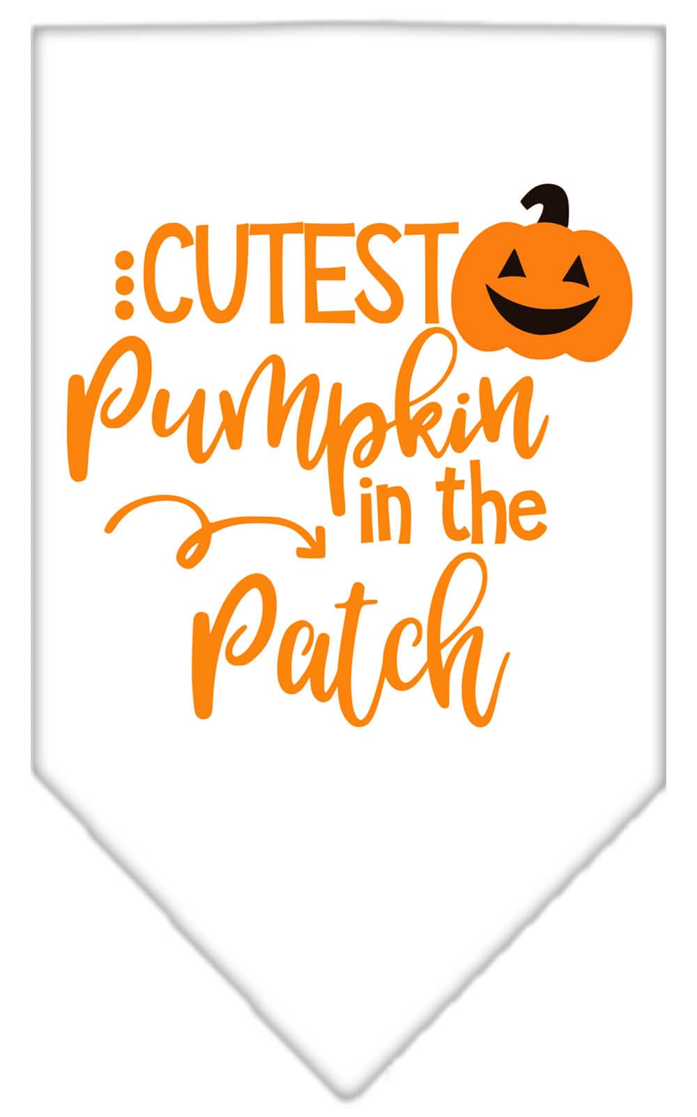 Halloween pet bandana featuring 'Cutest Pumpkin In The Patch' design, made of 100% cotton, available in small and large sizes.