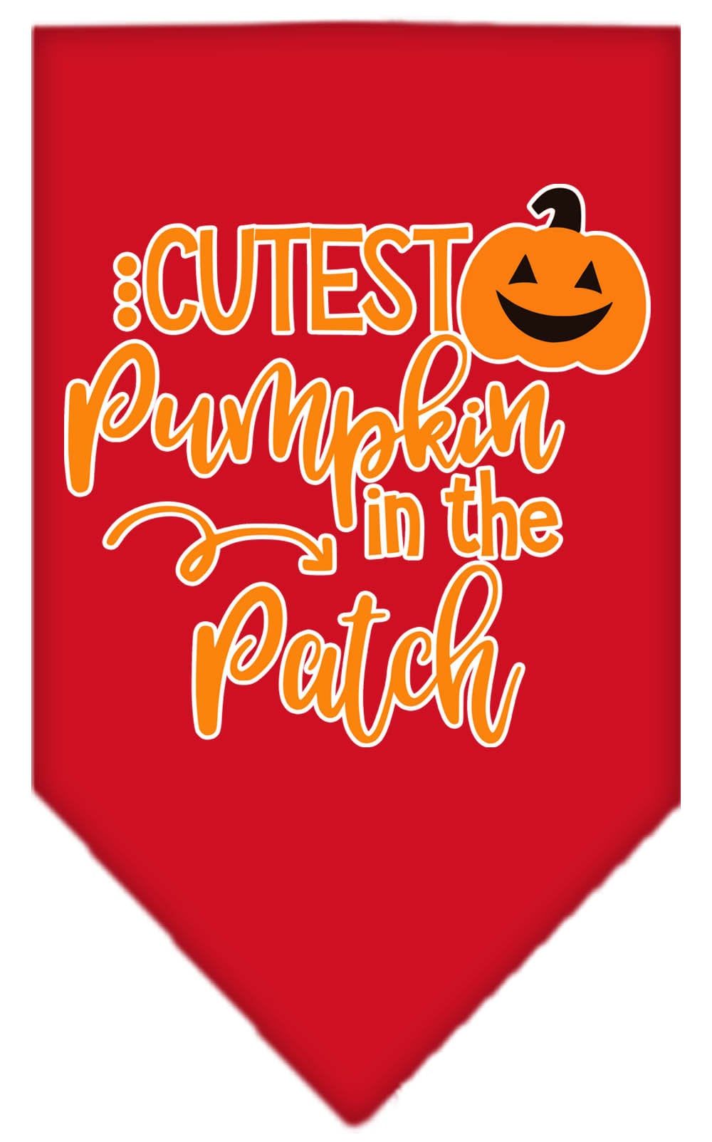 Halloween pet bandana featuring 'Cutest Pumpkin In The Patch' design, made of 100% cotton, available in small and large sizes.