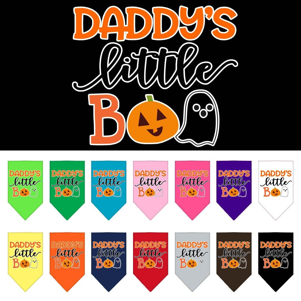 Halloween pet bandana featuring 'Daddy's Little Boo' design, made of 100% cotton, available in small and large sizes.