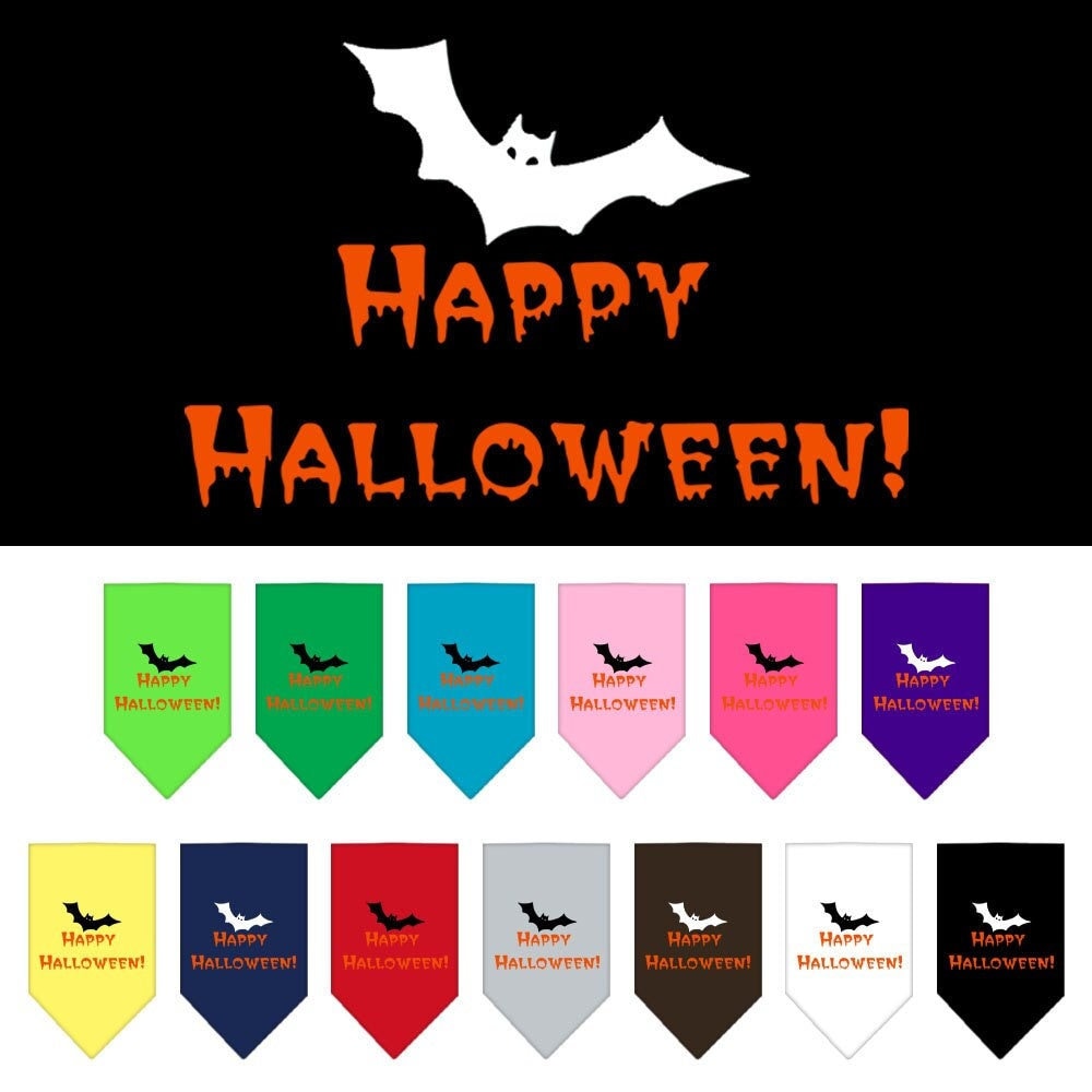 A festive Halloween pet bandana featuring a screen printed 'Happy Halloween' design, made from 100% cotton, suitable for dogs of various sizes.