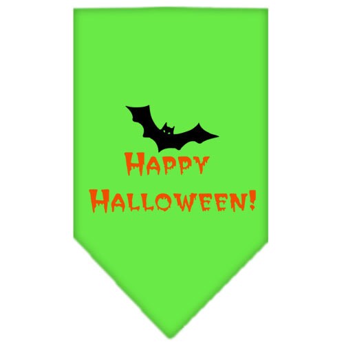 A festive Halloween pet bandana featuring a screen printed 'Happy Halloween' design, made from 100% cotton, suitable for dogs of various sizes.