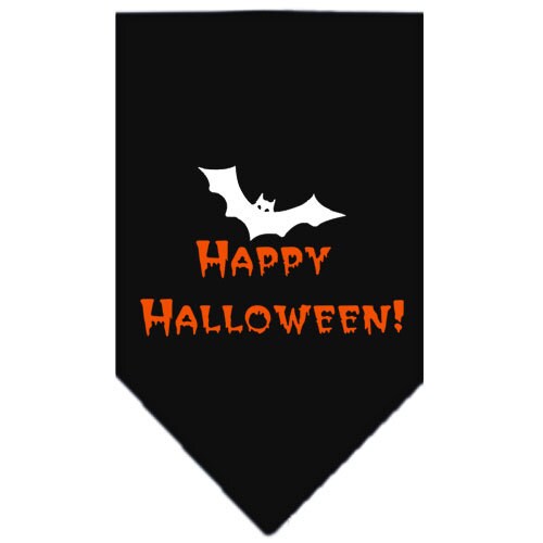 A festive Halloween pet bandana featuring a screen printed 'Happy Halloween' design, made from 100% cotton, suitable for dogs of various sizes.