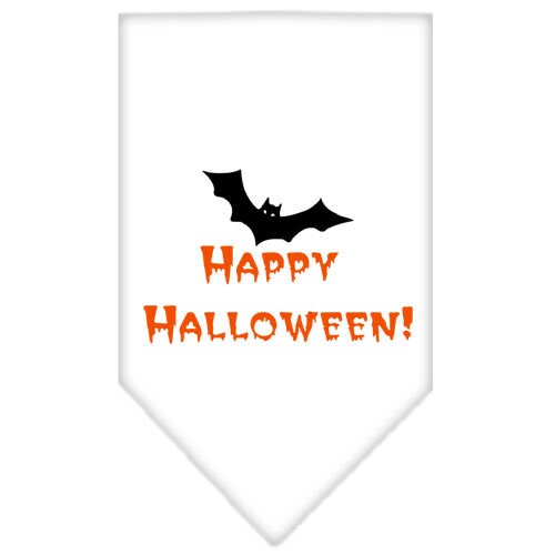 A festive Halloween pet bandana featuring a screen printed 'Happy Halloween' design, made from 100% cotton, suitable for dogs of various sizes.