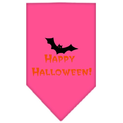 A festive Halloween pet bandana featuring a screen printed 'Happy Halloween' design, made from 100% cotton, suitable for dogs of various sizes.