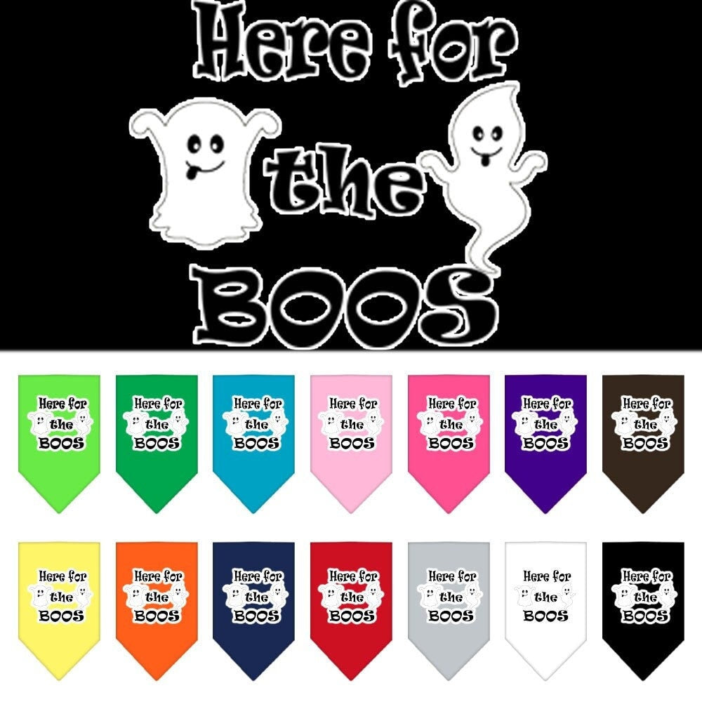 Halloween pet bandana featuring 'Here For The Boos' design, made of 100% cotton, available in small and large sizes.