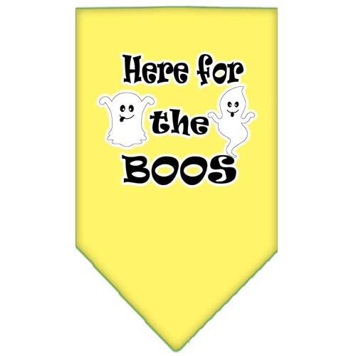 Halloween pet bandana featuring 'Here For The Boos' design, made of 100% cotton, available in small and large sizes.