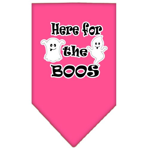Halloween pet bandana featuring 'Here For The Boos' design, made of 100% cotton, available in small and large sizes.
