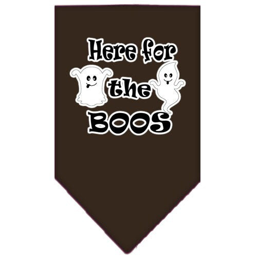Halloween pet bandana featuring 'Here For The Boos' design, made of 100% cotton, available in small and large sizes.