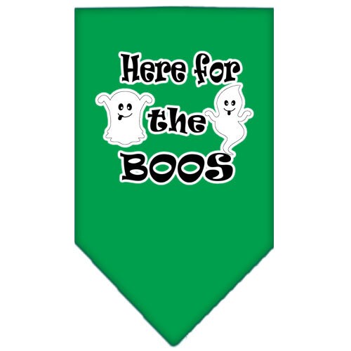 Halloween pet bandana featuring 'Here For The Boos' design, made of 100% cotton, available in small and large sizes.