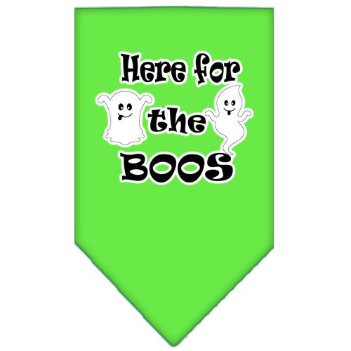 Halloween pet bandana featuring 'Here For The Boos' design, made of 100% cotton, available in small and large sizes.