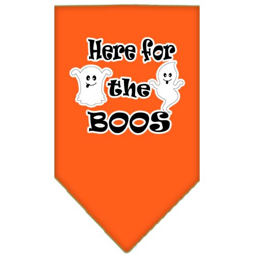 Halloween pet bandana featuring 'Here For The Boos' design, made of 100% cotton, available in small and large sizes.