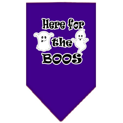 Halloween pet bandana featuring 'Here For The Boos' design, made of 100% cotton, available in small and large sizes.