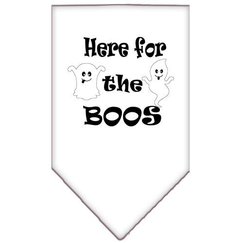 Halloween pet bandana featuring 'Here For The Boos' design, made of 100% cotton, available in small and large sizes.