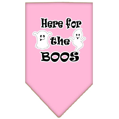 Halloween pet bandana featuring 'Here For The Boos' design, made of 100% cotton, available in small and large sizes.