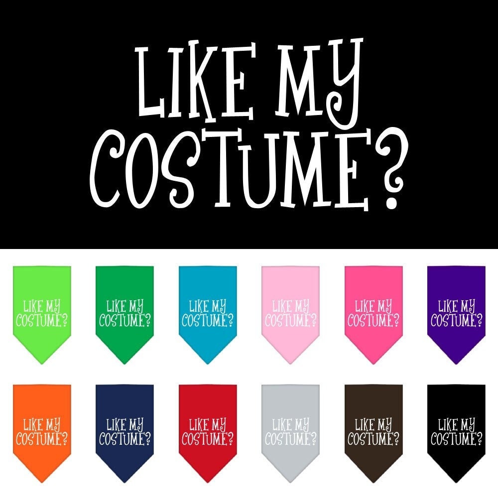 Halloween pet bandana featuring 'Like My Costume?' design, suitable for dogs of all sizes, tie-on style.