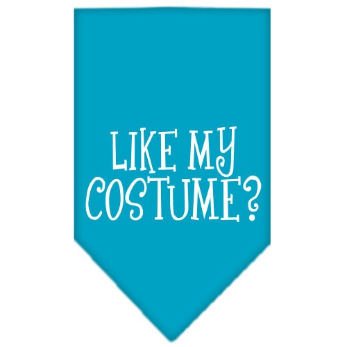 Halloween pet bandana featuring 'Like My Costume?' design, suitable for dogs of all sizes, tie-on style.