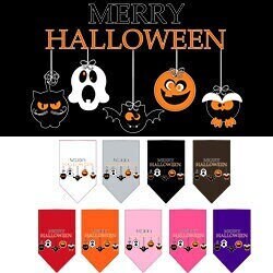 A festive Halloween pet bandana featuring the text 'Merry Halloween', designed for dogs, available in small and large sizes.