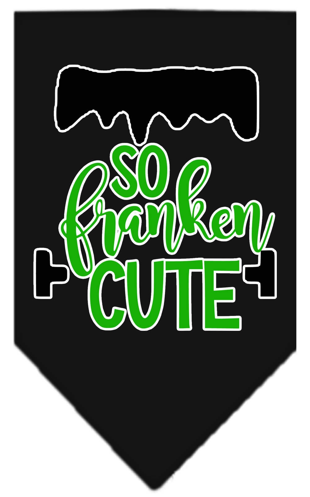 Halloween pet bandana featuring 'So Franken Cute' design, available in small and large sizes, perfect for festive occasions.
