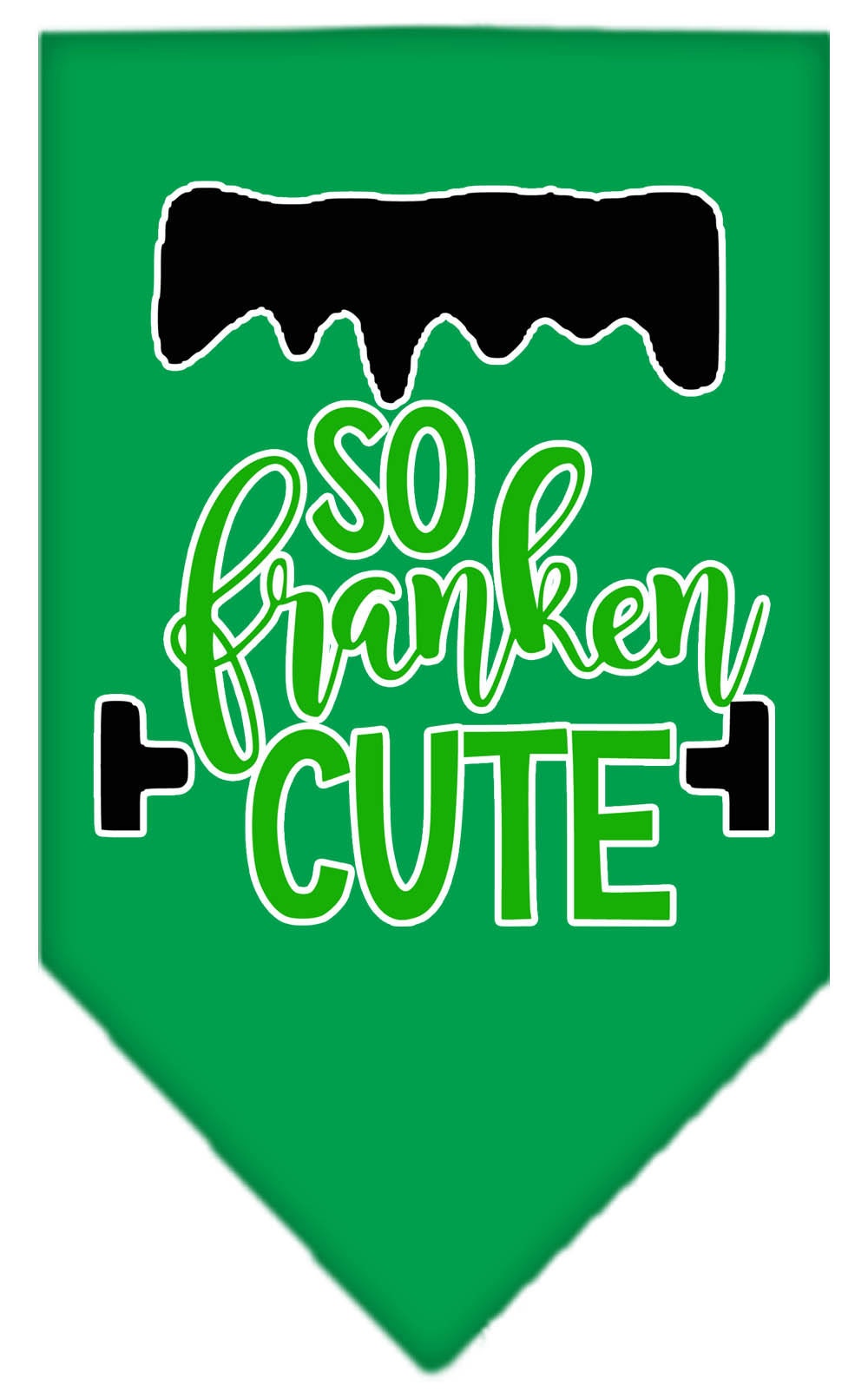 Halloween pet bandana featuring 'So Franken Cute' design, available in small and large sizes, perfect for festive occasions.