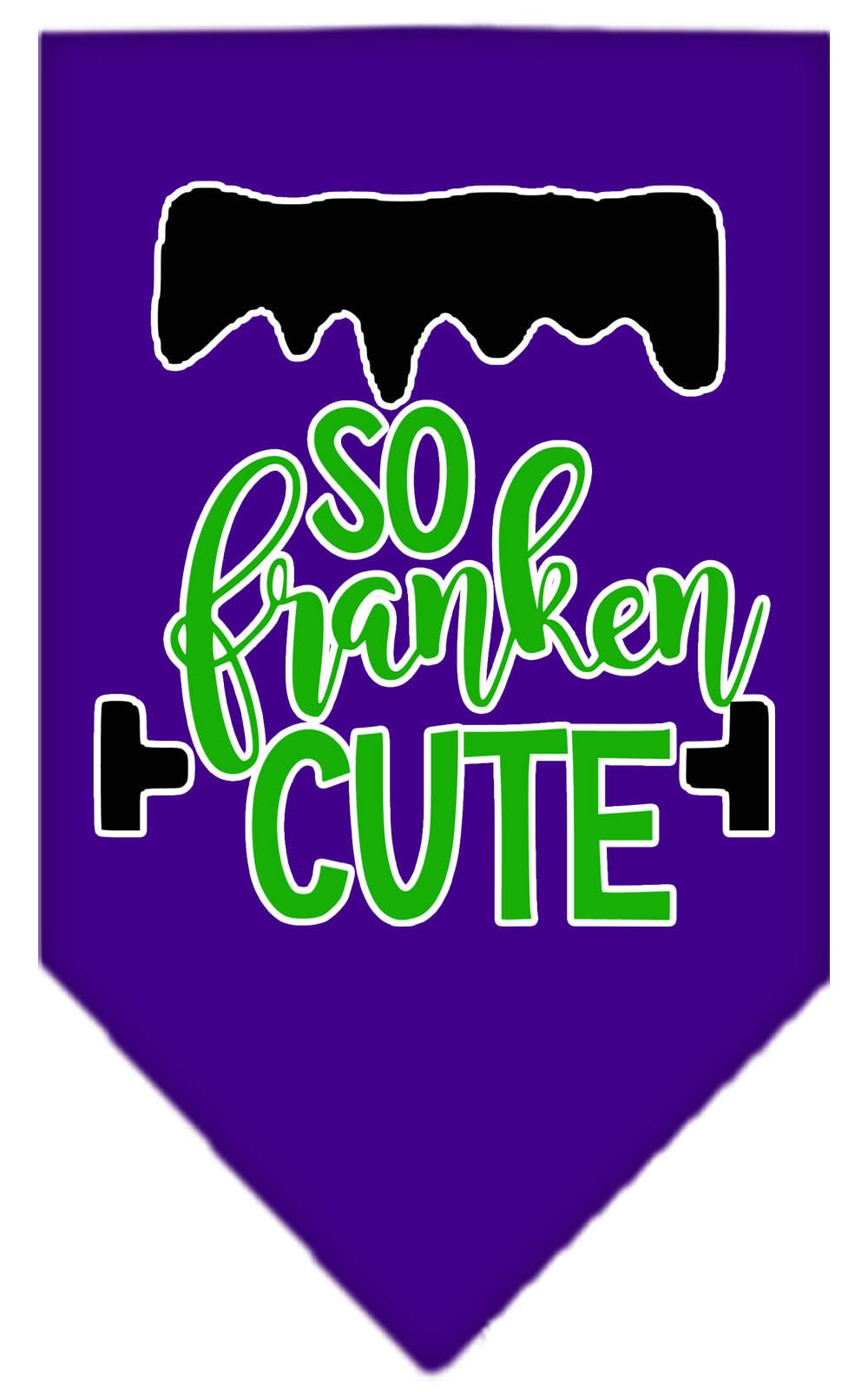 Halloween pet bandana featuring 'So Franken Cute' design, available in small and large sizes, perfect for festive occasions.