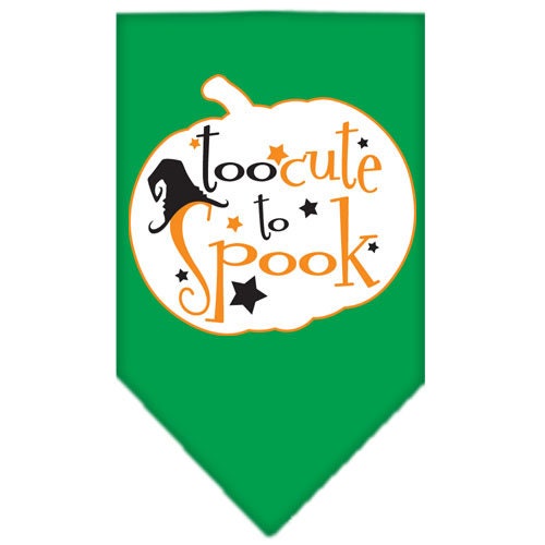 Halloween pet bandana featuring 'Too Cute To Spook' design, made of 100% cotton, available in small and large sizes.