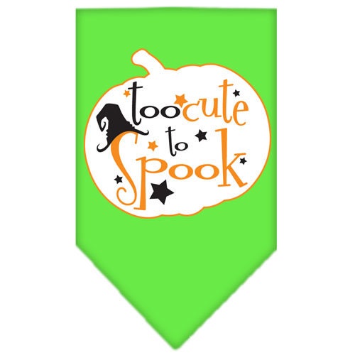 Halloween pet bandana featuring 'Too Cute To Spook' design, made of 100% cotton, available in small and large sizes.