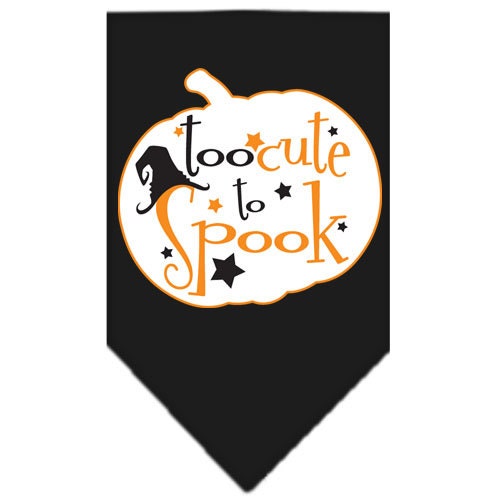 Halloween pet bandana featuring 'Too Cute To Spook' design, made of 100% cotton, available in small and large sizes.
