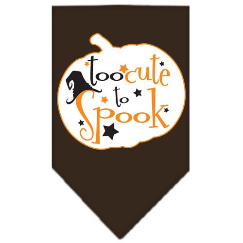 Halloween pet bandana featuring 'Too Cute To Spook' design, made of 100% cotton, available in small and large sizes.