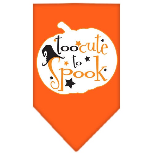 Halloween pet bandana featuring 'Too Cute To Spook' design, made of 100% cotton, available in small and large sizes.