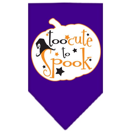 Halloween pet bandana featuring 'Too Cute To Spook' design, made of 100% cotton, available in small and large sizes.