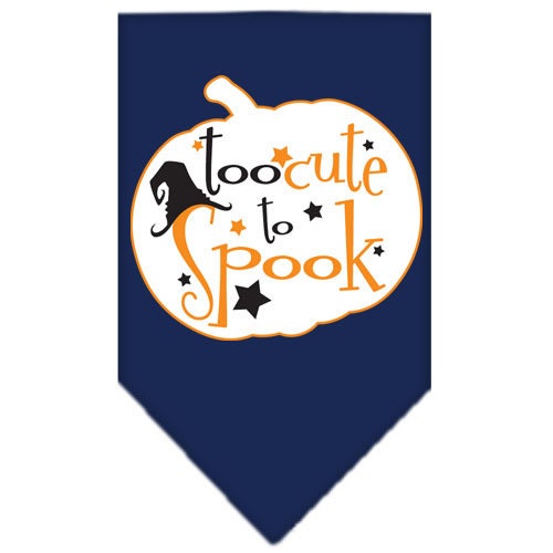 Halloween pet bandana featuring 'Too Cute To Spook' design, made of 100% cotton, available in small and large sizes.