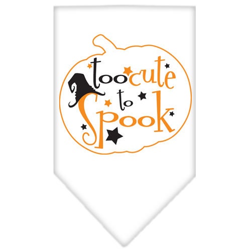 Halloween pet bandana featuring 'Too Cute To Spook' design, made of 100% cotton, available in small and large sizes.
