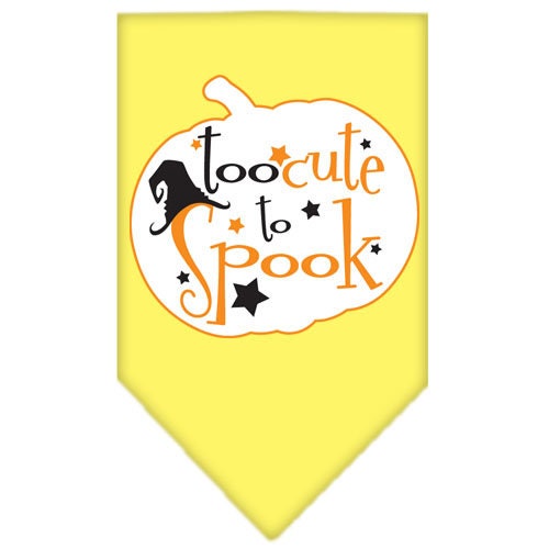 Halloween pet bandana featuring 'Too Cute To Spook' design, made of 100% cotton, available in small and large sizes.