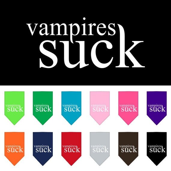 Halloween pet bandana featuring the phrase 'Vampires Suck', made of 100% cotton, available in small and large sizes.