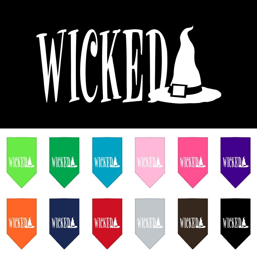 Halloween pet bandana featuring a 'Wicked' screen printed design, made of 100% cotton, available in small and large sizes.