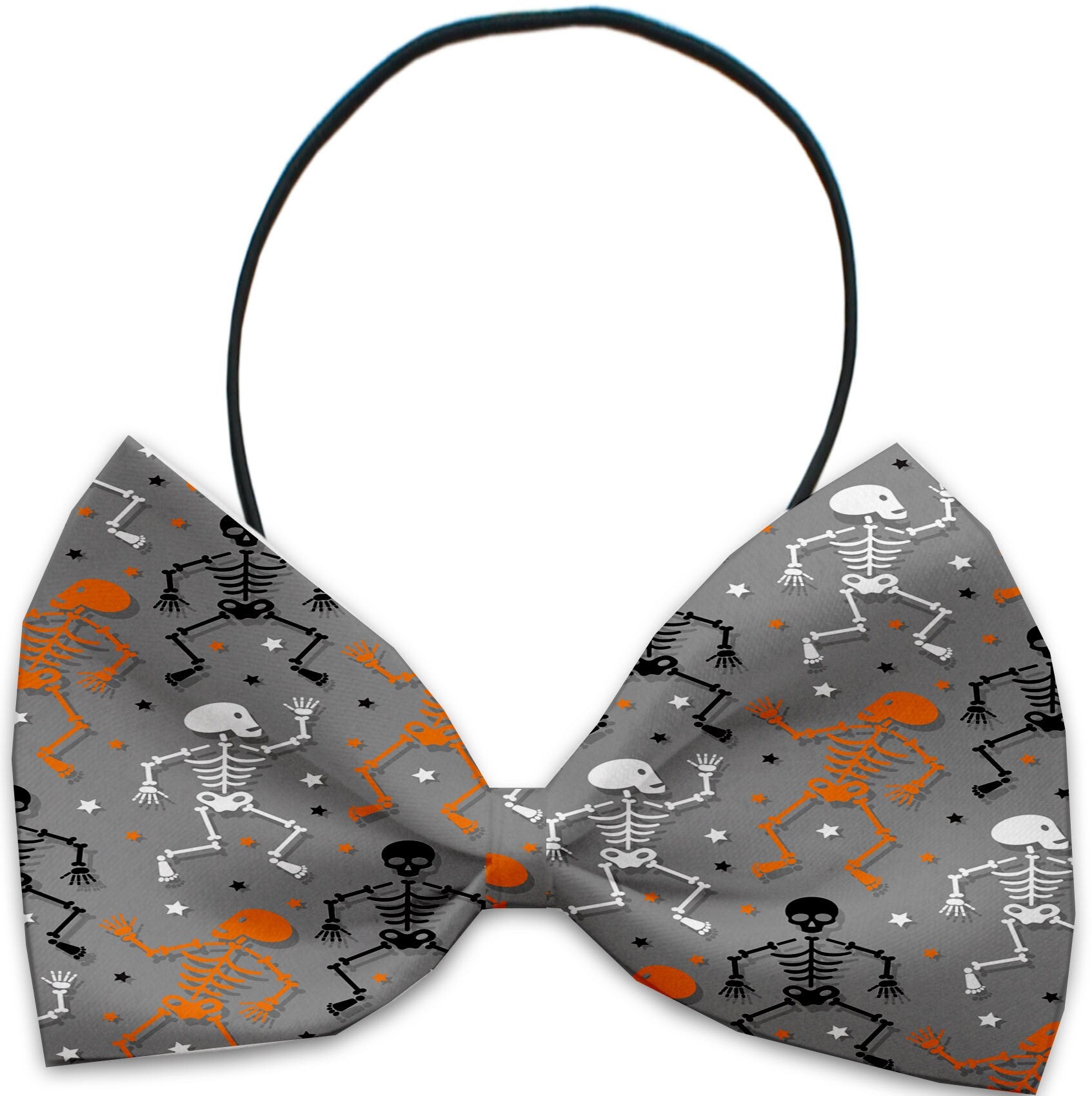 A stylish Halloween bow tie for pets featuring a skull pattern, suitable for dogs and cats, made from silky polyester.