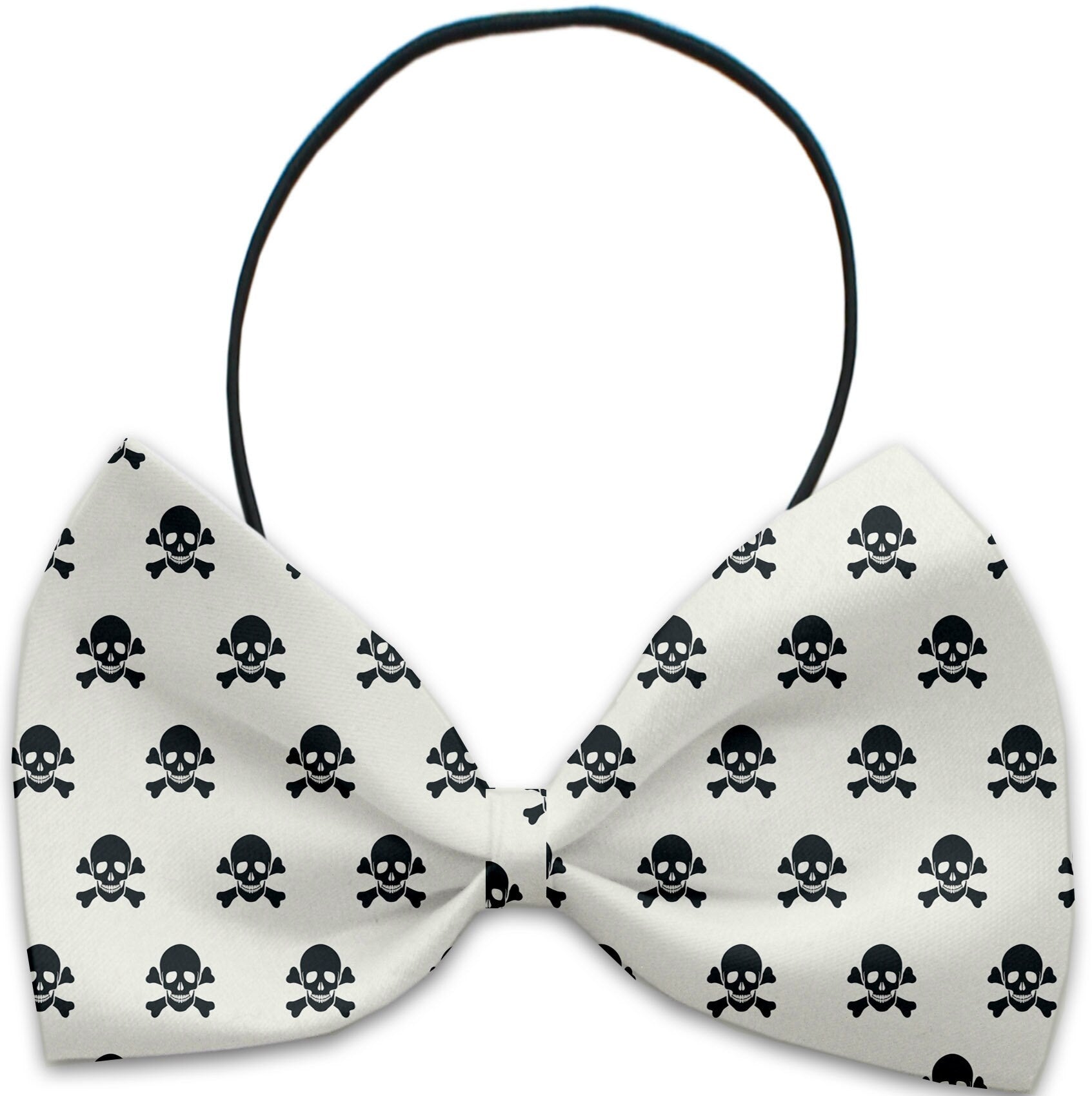 A stylish Halloween bow tie for pets featuring a skull pattern, suitable for dogs and cats, made from silky polyester.