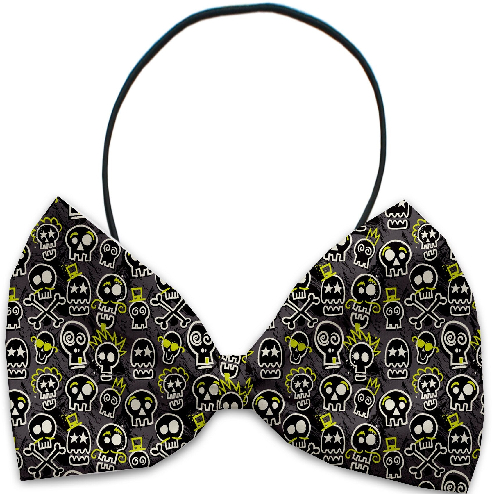 A stylish Halloween bow tie for pets featuring a skull pattern, suitable for dogs and cats, made from silky polyester.