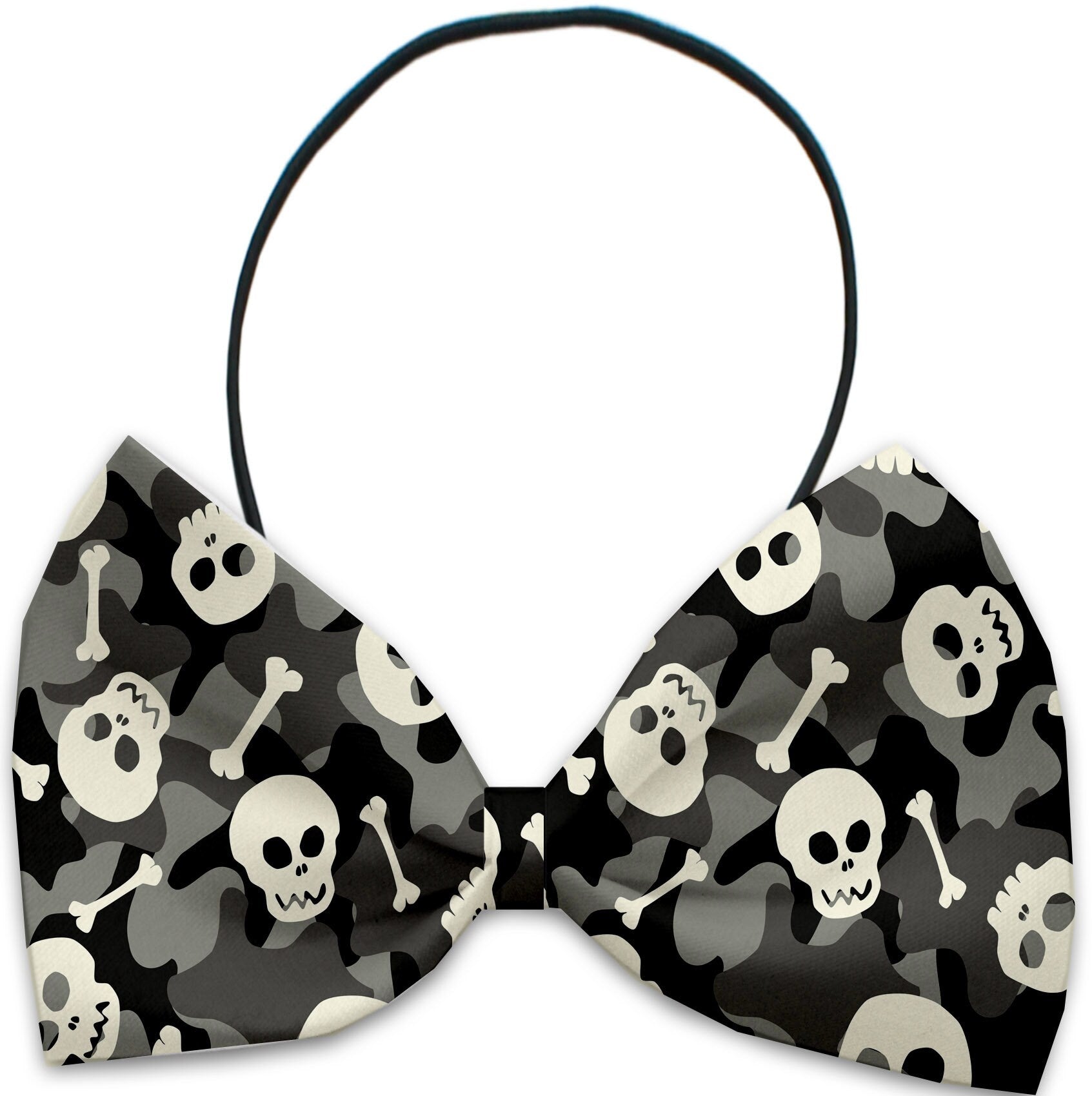 A stylish Halloween bow tie for pets featuring a skull pattern, suitable for dogs and cats, made from silky polyester.