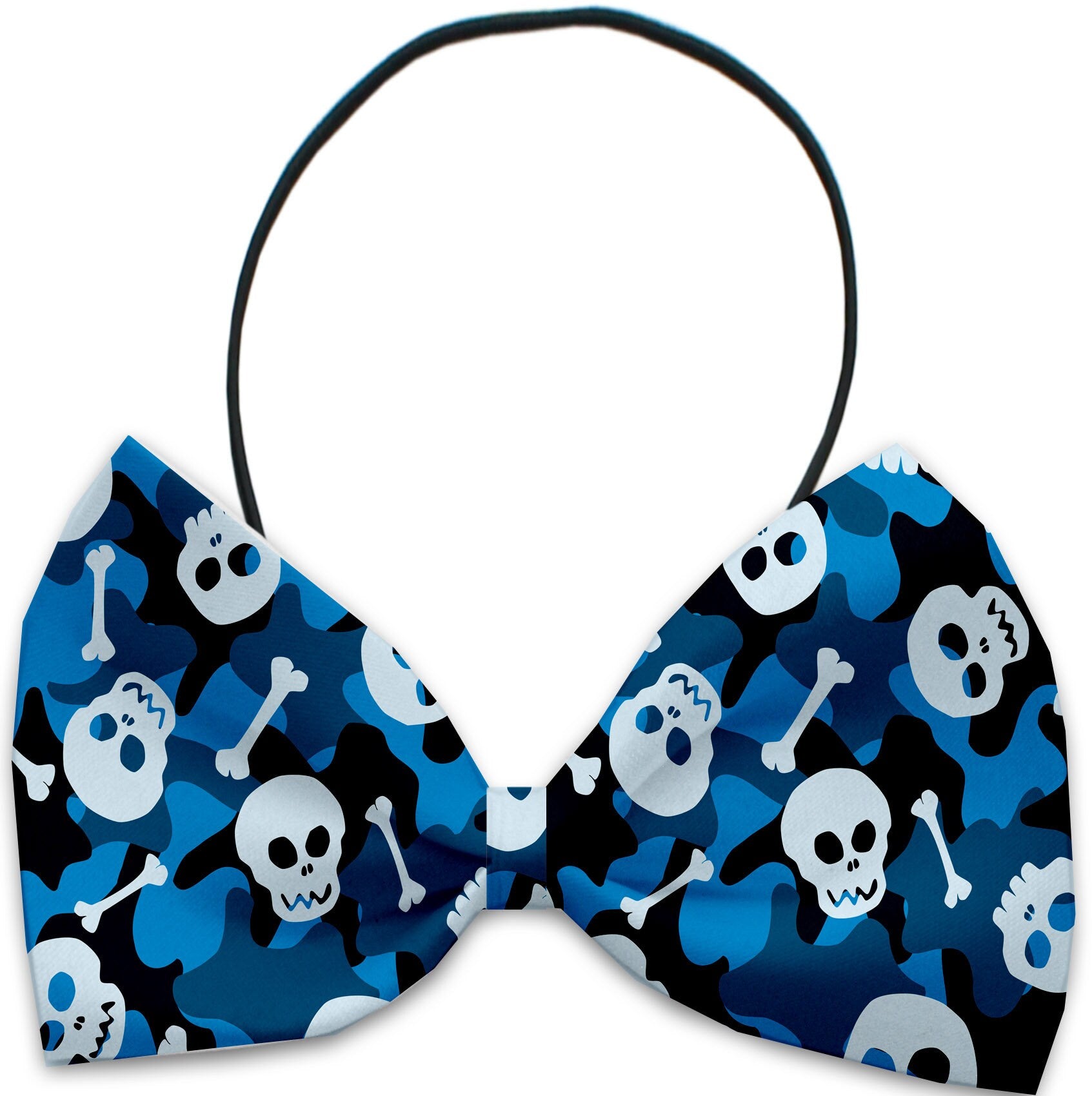 A stylish Halloween bow tie for pets featuring a skull pattern, suitable for dogs and cats, made from silky polyester.