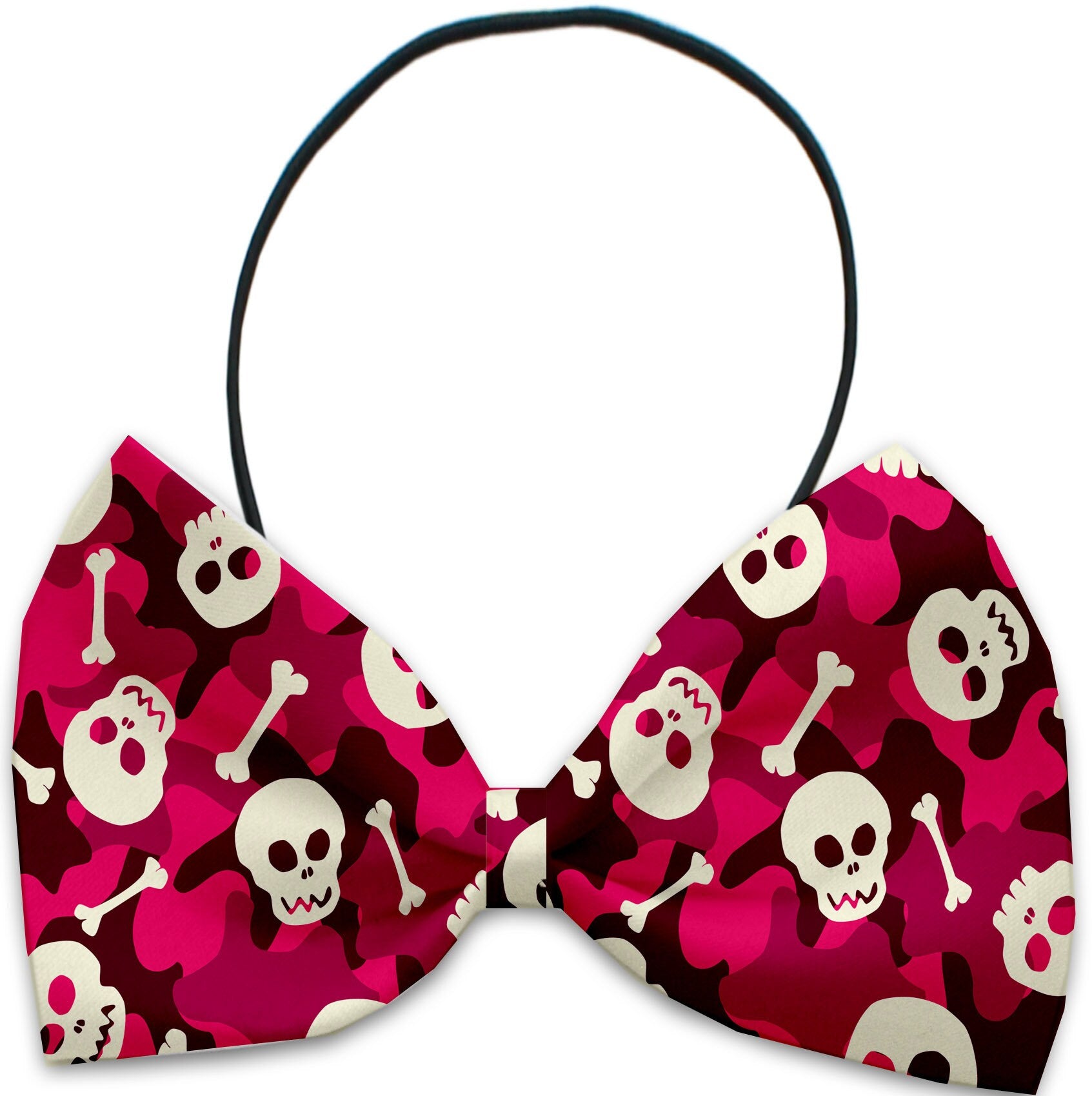 A stylish Halloween bow tie for pets featuring a skull pattern, suitable for dogs and cats, made from silky polyester.