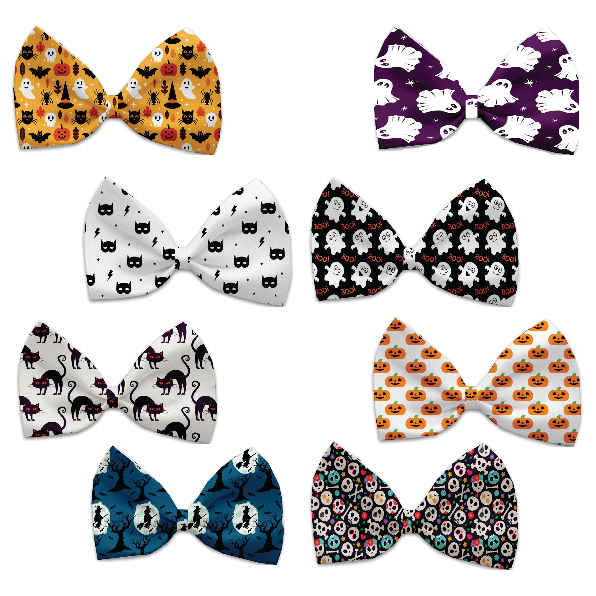 A collection of Halloween bow ties for pets, featuring various spooky patterns and colors, designed for dogs and cats.