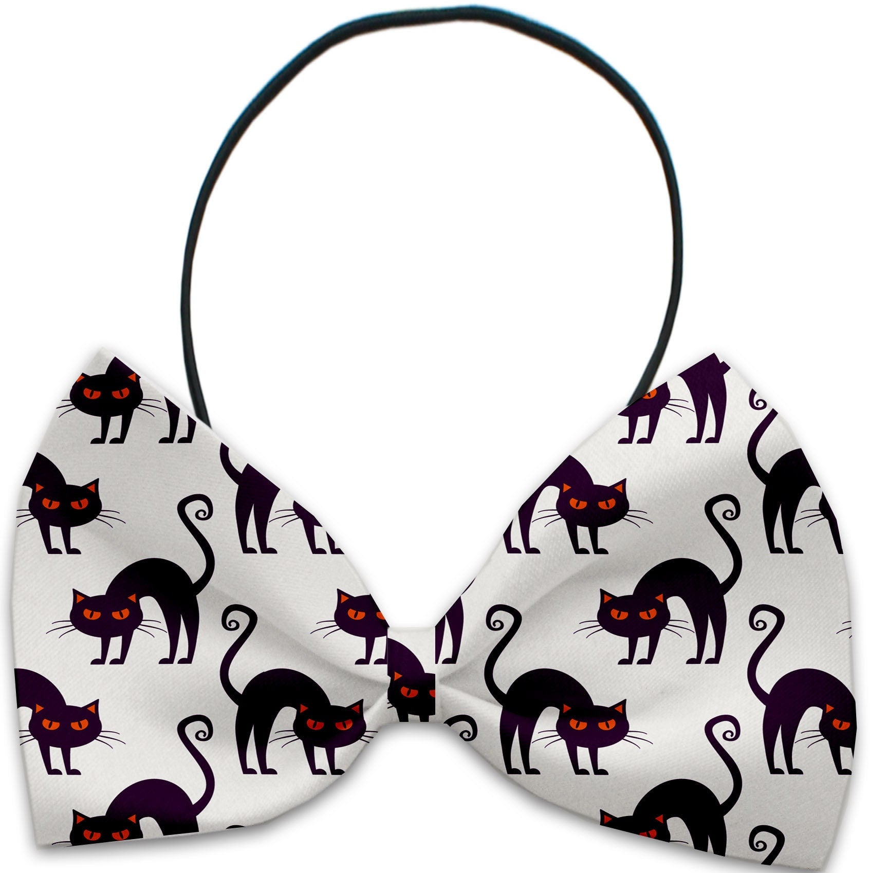 A collection of Halloween bow ties for pets, featuring various spooky patterns and colors, designed for dogs and cats.