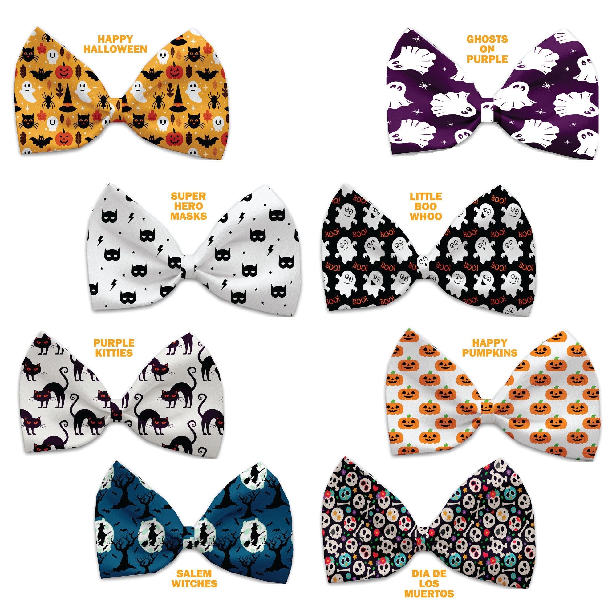 A collection of Halloween bow ties for pets, featuring various spooky patterns and colors, designed for dogs and cats.