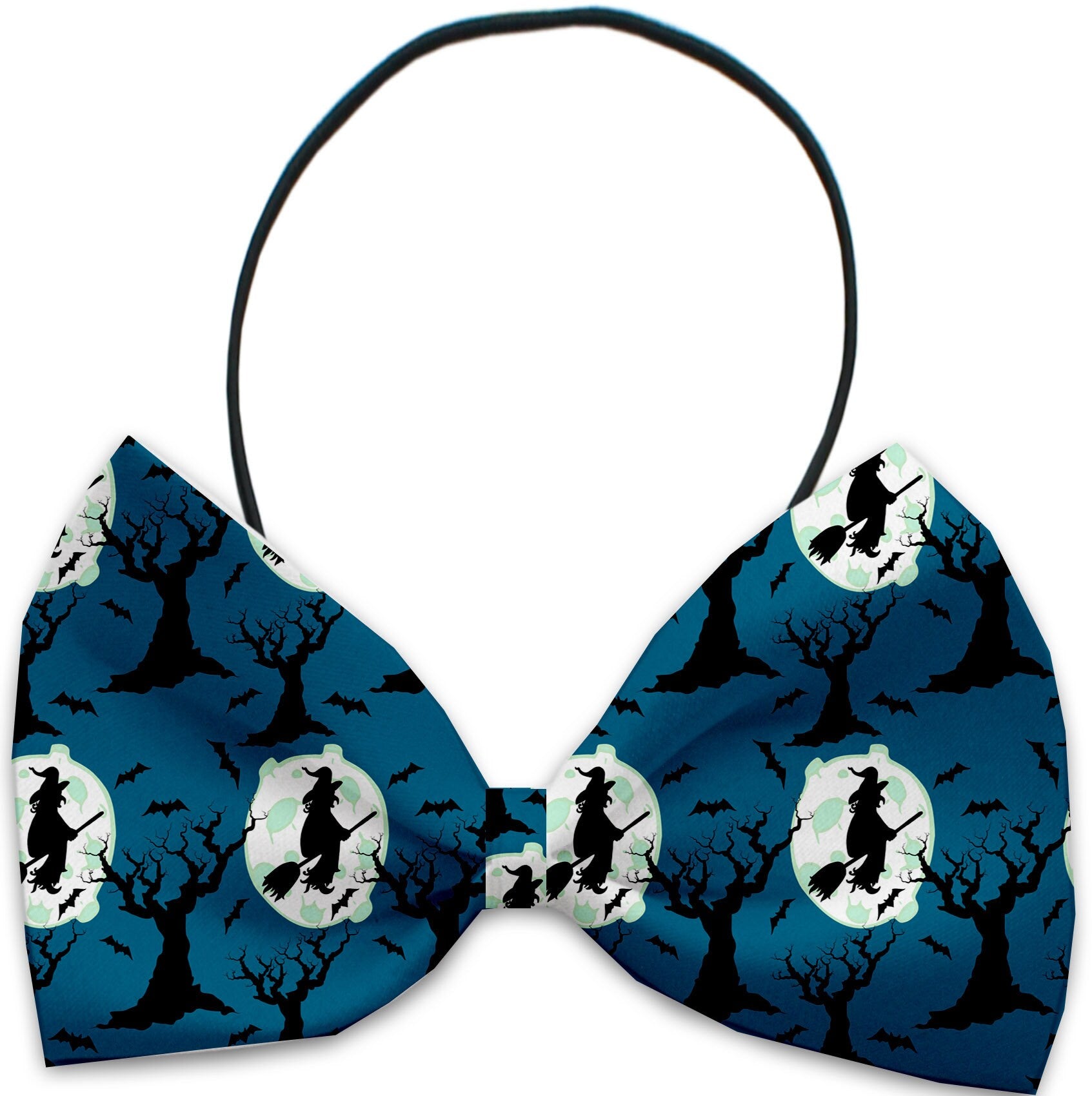 A collection of Halloween bow ties for pets, featuring various spooky patterns and colors, designed for dogs and cats.