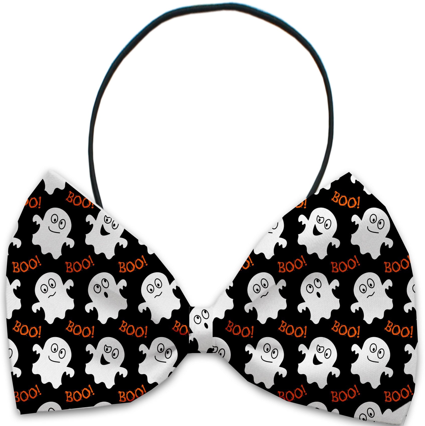 A collection of Halloween bow ties for pets, featuring various spooky patterns and colors, designed for dogs and cats.