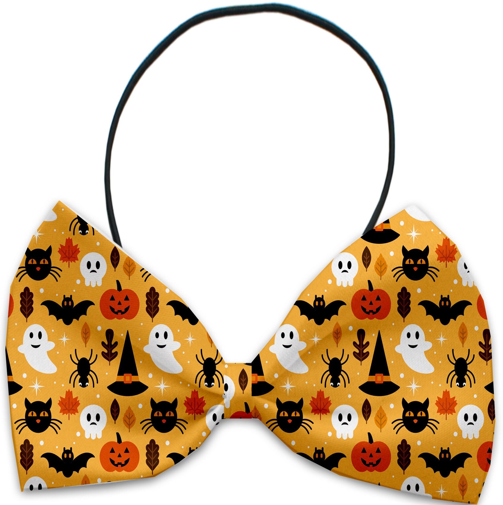 A collection of Halloween bow ties for pets, featuring various spooky patterns and colors, designed for dogs and cats.